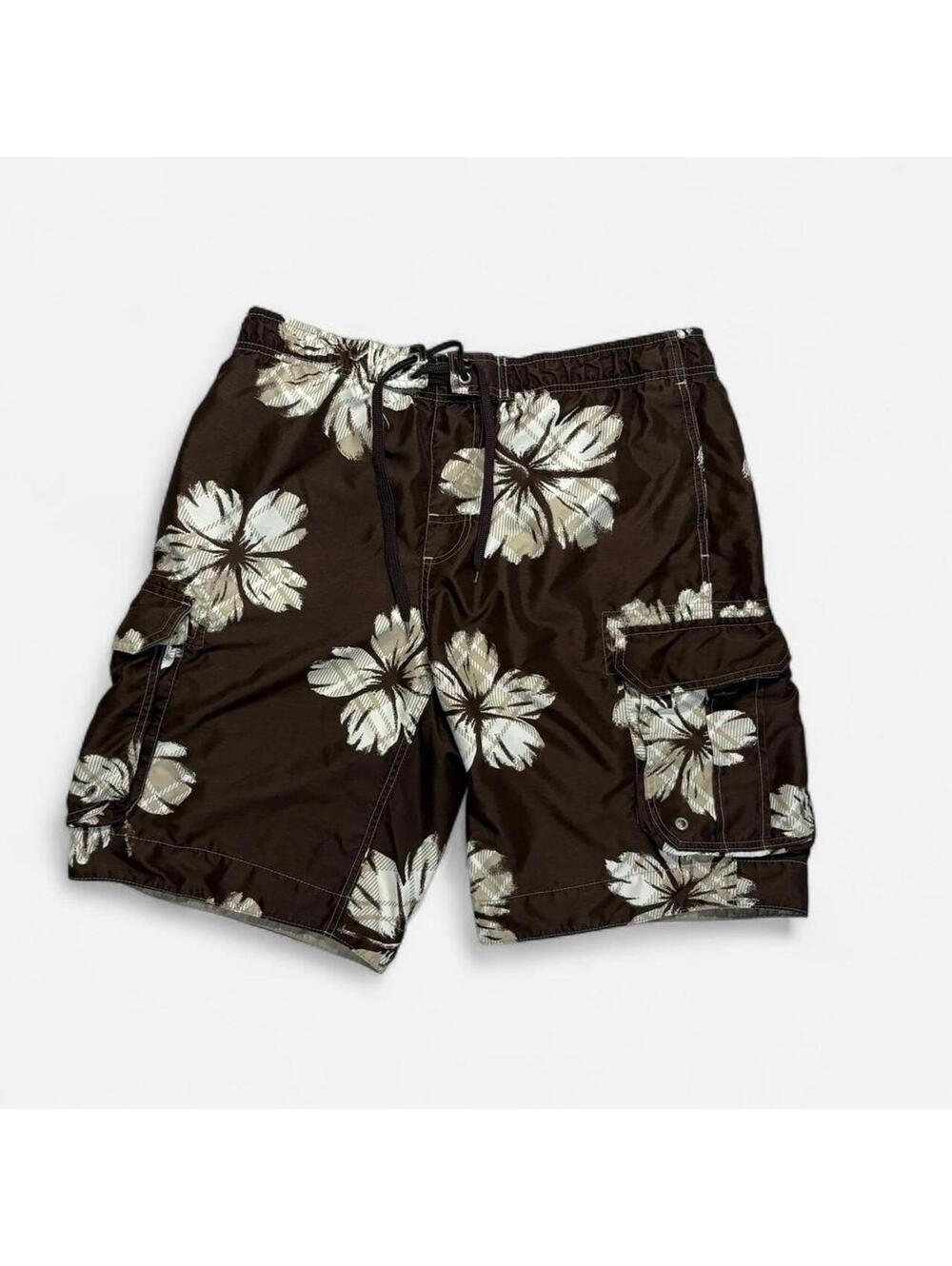 Y2k vintage 2000a Arizona brown and white floral swim shorts w/ drawstring waist